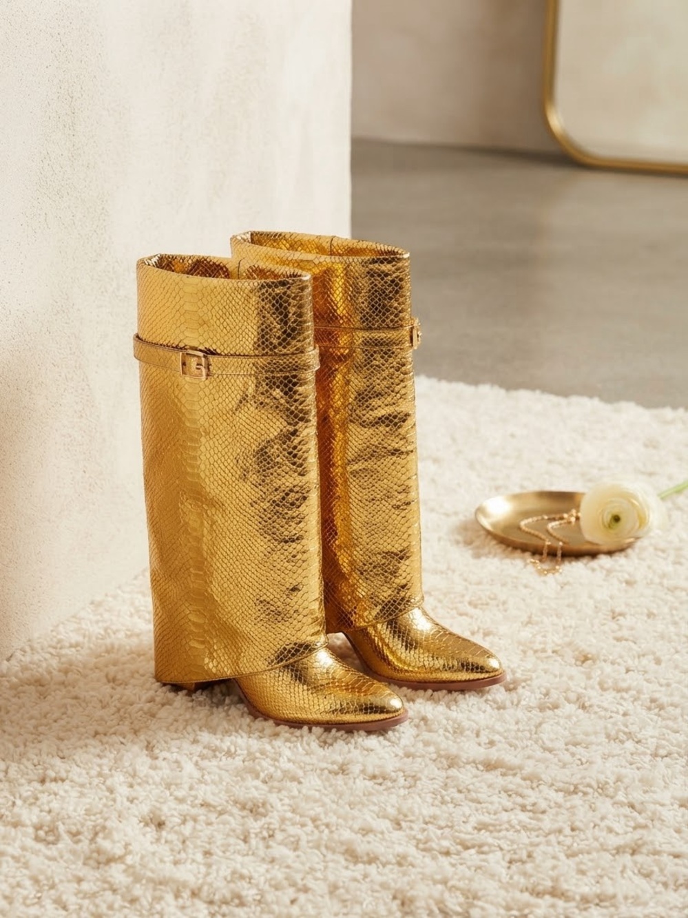 Metallic Gold Knee-High Heeled Boots - Women's Luxe Riding Style